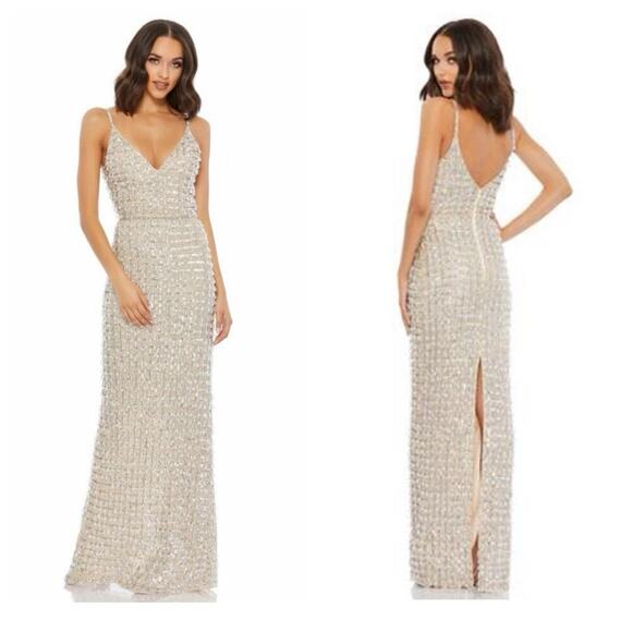 Mac Duggal 5394 Evening Prom Dress Sleeveless Nude/Silver Size 14 NWT - Picture 1 of 14